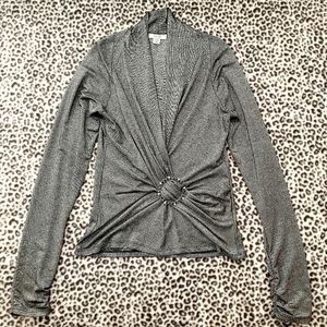 Cache Metallic Silver Surplice Jeweled Ring Long Sleeve Top, Size Medium, EUC